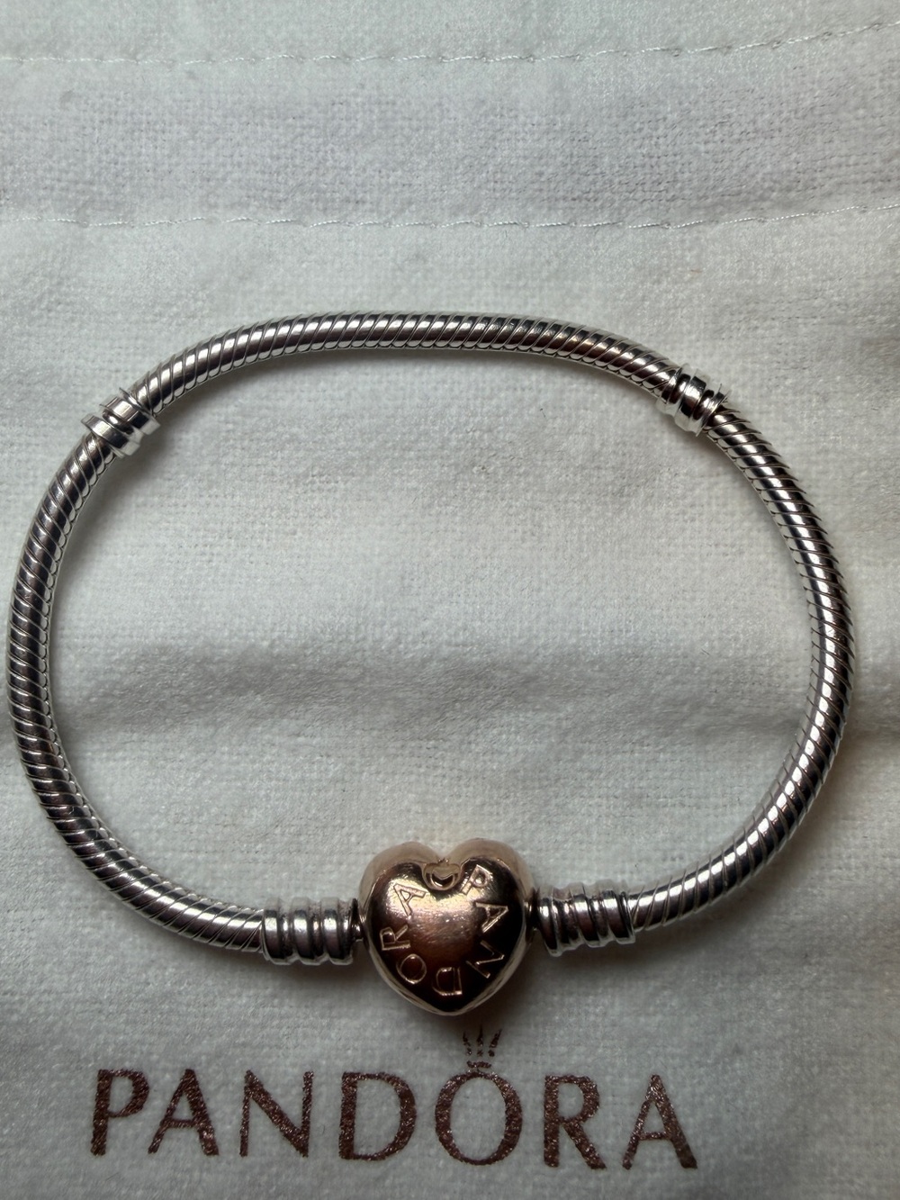 Pandora Two-Tone Heart Clasp Snake Chain Bracelet - Silver & Rose Gold 6.5 inch
